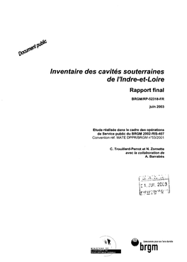 Inventaire Des Cavités Souterraines De L'indre-Et-Loire - Rapporl Finai