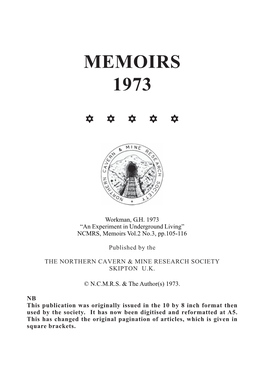 An Experiment in Underground Living” NCMRS, Memoirs Vol.2 No.3, Pp.105-116