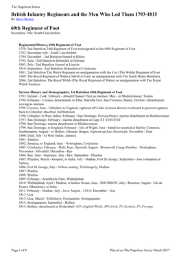 British Infantry Regiments and the Men Who Led Them 1793-1815 by Steve Brown 69Th Regiment of Foot Secondary Title: South Lincolnshire