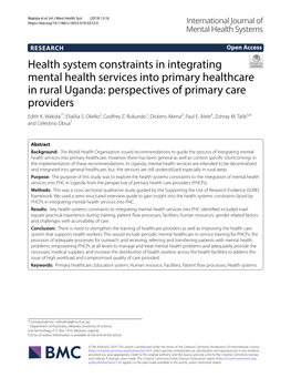 Health System Constraints in Integrating Mental Health Services Into Primary Healthcare in Rural Uganda: Perspectives of Primary Care Providers Edith K