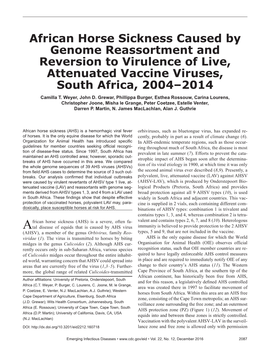 African Horse Sickness Caused by Genome Reassortment and Reversion to Virulence of Live, Attenuated Vaccine Viruses, South Africa, 2004–2014 Camilla T