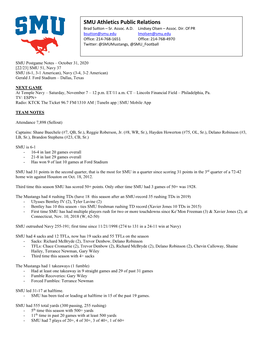 SMU Postgame Notes – October 31, 2020 [22/23] SMU 51, Navy 37 SMU (6-1, 3-1 American), Navy (3-4, 3-2 American) Gerald J