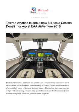 Textron Aviation to Debut New Full-Scale Cessna Denali Mockup at EAA Airventure 2018