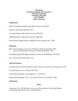 Paul Reitter Germanic Languages and Literatures Ohio State University Columbus, OH 43210 (614) 738-8526 Reitter.4@Osu.Edu