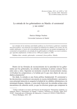 La Entrada De Los Gobernadores En Manila: El Ceremonial Y Sus Costes 1