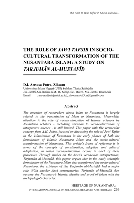 The Role of Jawi Tafsir in Socio- Cultural Transformation of the Nusantara Islam: a Study on Tarjumān Al-Mustafīd