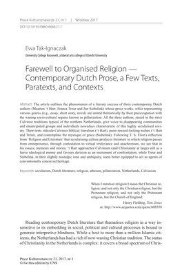 Farewell to Organised Religion — Contemporary Dutch Prose, a Few Texts, Paratexts, and Contexts