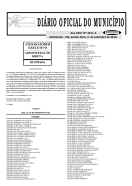 Diário Oficial Do Município Nº 3511-A, Quinta-Feira, 30 De Setembro De 2010 DIÁRIO OFICIAL DO MUNICÍPIO