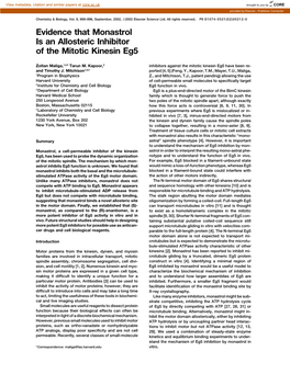 Evidence That Monastrol Is an Allosteric Inhibitor of the Mitotic Kinesin Eg5