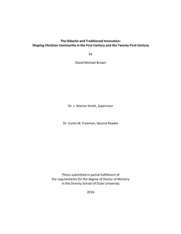 The Didache and Traditioned Innovation: Shaping Christian Community in the First Century and the Twenty-First Century