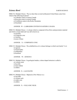 Science Bowl Questions/Answers for Earth Science