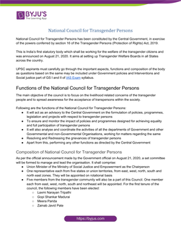 National Council for Transgender Persons Functions of the National