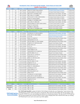 Download ICC Men's T20 World Cup 2021 Schedule - Teams Fixtures & Venue in Pdf Qualifier Teams Fixtures Group Match Date Teams Venue Time B 1St Sun 17 October OMAN VS