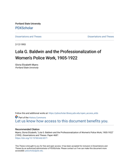 Lola G. Baldwin and the Professionalization of Women's Police Work, 1905-1922