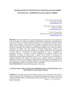 Mandaguari No Contexto Da Colonização Do Norte Do Paraná E a Importância Das Áreas Verdes