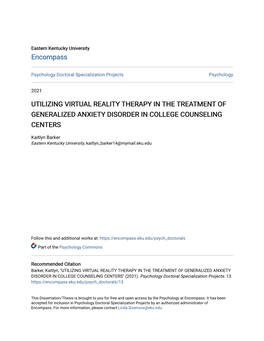 Utilizing Virtual Reality Therapy in the Treatment of Generalized Anxiety Disorder in College Counseling Centers