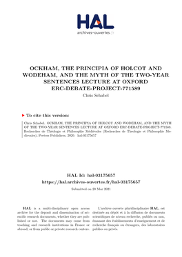 OCKHAM, the PRINCIPIA of HOLCOT and WODEHAM, and the MYTH of the TWO-YEAR SENTENCES LECTURE at OXFORD ERC-DEBATE-PROJECT-771589 Chris Schabel