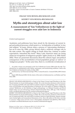 Myths and Stereotypes About Adat Law a Reassessment of Van Vollenhoven in the Light of Current Struggles Over Adat Law in Indonesia