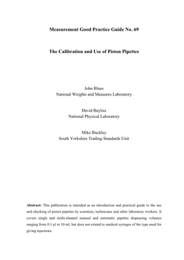 Measurement Good Practice Guide No. 69 the Calibration and Use Of