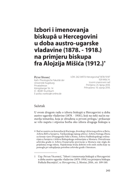 Izbori I Imenovanja Biskupâ U Hercegovini U Doba Austro-Ugarske Vladavine (1878