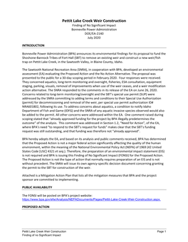 Pettit Lake Creek Weir Construction Finding of No Significant Impact Bonneville Power Administration DOE/EA-2140 July 2020