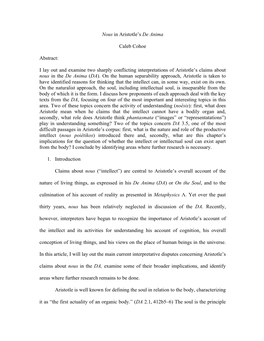 Nous in Aristotle's De Anima Caleb Cohoe Abstract