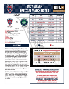 Indy Eleven Official Match Notes