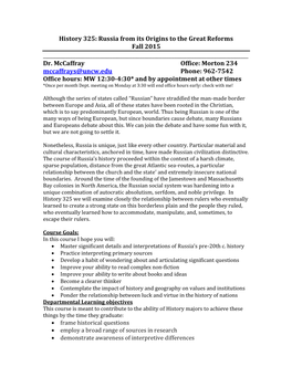 History 325: Russia from Its Origins to the Great Reforms Fall 2015 ______Dr