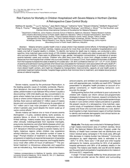 Risk Factors for Mortality in Children Hospitalized with Severe Malaria in Northern Zambia: a Retrospective Case-Control Study