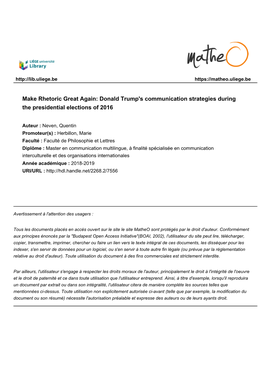 Make Rhetoric Great Again: Donald Trump's Communication Strategies During the Presidential Elections of 2016