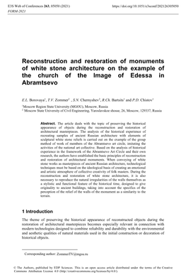 Reconstruction and Restoration of Monuments of White Stone Architecture on the Example of the Church of the Image of Edessa in Abramtsevo