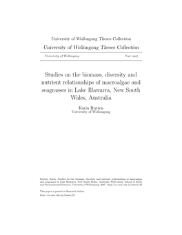 Studies on the Biomass, Diversity and Nutrient Relationships of Macroalgae and Seagrasses in Lake Illawarra, New South Wales, Australia