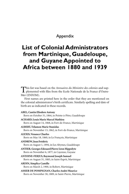 List of Colonial Administrators from Martinique, Guadeloupe, and Guyane Appointed to Africa Between 1880 and 1939