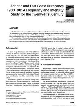 Atlantic and East Coast Hurricanes 1900-98: a Frequency and Intensity Study for the Twenty-First Century