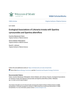 Ecological Associations of Littoraria Irrorata with Spartina Cynosuroides and Spartina Alterniflora