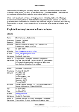 The Following List of English Speaking Lawyers, Translators and Interpreters Has Been