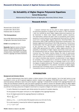 On Solvability of Higher Degree Polynomial Equations Samuel Bonaya Buya Mathematics/Physics Teacher at Ngao Girls, Secondary School, Kenya