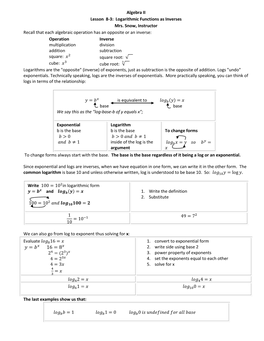 Algebra II Lesson 8-3: Logarithmic Functions As Inverses Mrs