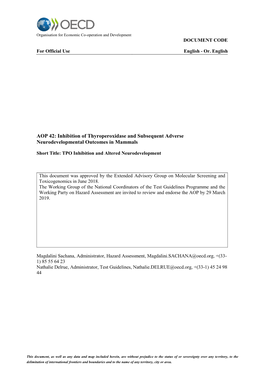 AOP 42: Inhibition of Thyroperoxidase and Subsequent Adverse Neurodevelopmental Outcomes in Mammals