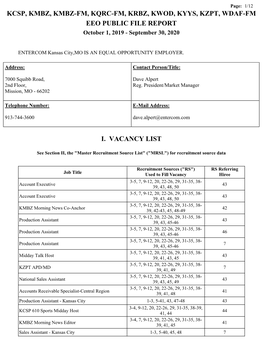 KCSP, KMBZ, KMBZ-FM, KQRC-FM, KRBZ, KWOD, KYYS, KZPT, WDAF-FM EEO PUBLIC FILE REPORT October 1, 2019 - September 30, 2020