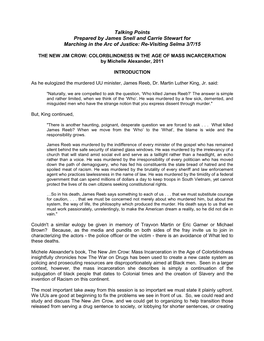 Talking Points Prepared by James Snell and Carrie Stewart for Marching in the Arc of Justice: Re-Visiting Selma 3/7/15