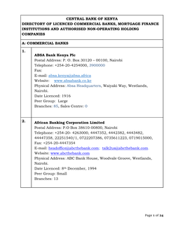 Central Bank of Kenya Directory of Licenced Commercial Banks, Mortgage Finance Institutions and Authorised Non-Operating Holding Companies