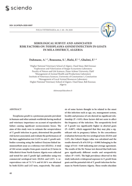 Serological Survey and Associated Risk Factors on Toxoplasma Gondii Infection in Goats in Mila District, Algeria