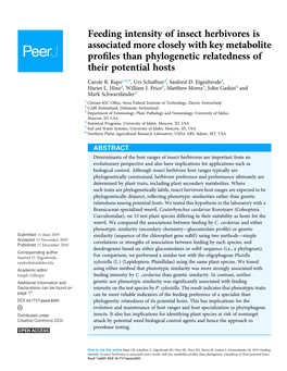 Feeding Intensity of Insect Herbivores Is Associated More Closely with Key Metabolite Proﬁles Than Phylogenetic Relatedness of Their Potential Hosts