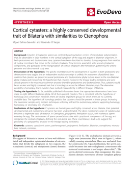 Cortical Cytasters: a Highly Conserved Developmental Trait of Bilateria with Similarities to Ctenophora Miguel Salinas-Saavedra* and Alexander O Vargas