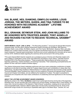 Hal Blaine, Neil Diamond, Emmylou Harris, Louis Jordan, the Meters, Queen, and Tina Turner to Be Honored with Recording Academy™ Lifetime Achievement Award