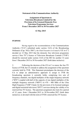 Statement of the Communications Authority Assignment of Spectrum