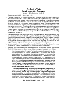 Confinement in Caesarea Lesson #12 for September 22, 2018 Scriptures: Acts 24-26; 1 Corinthians 1:23