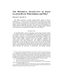 THE HISTORICAL SIGNIFICANCE of JUDGE LEARNED HAND: What Endures and Why?