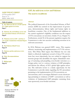 GSP, the Mid-Term Review and Pakistan: SADF POLICY BRIEF 03 November 2017 the Need to Recalibrate Issue N° 6 ISSN: 2406-5625